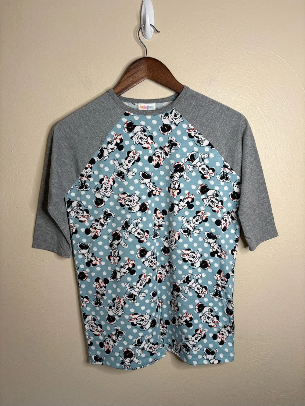 LuLaRoe Disney Minnie Mouse Raglan Tee Girls 14 Blue Gray Polka Dot Graphic